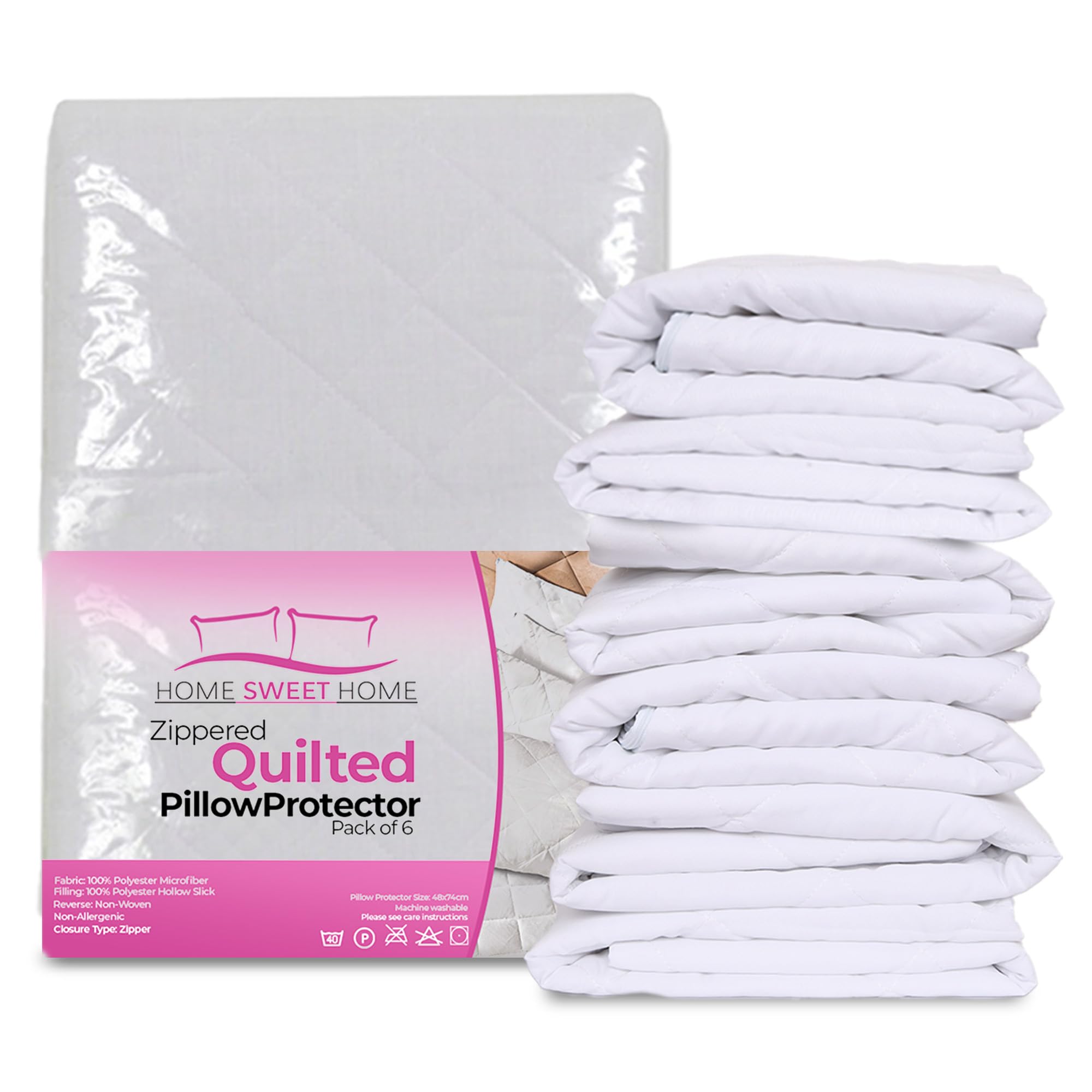 Home Sweet Home UKZippered Pillow Protectors 6 Pack - 100% Soft & Breathable Microfiber Quilted Pillow Protectors - Hypoallergenic & Noiseless Pillow Case Protectors White 48cm x 74cm