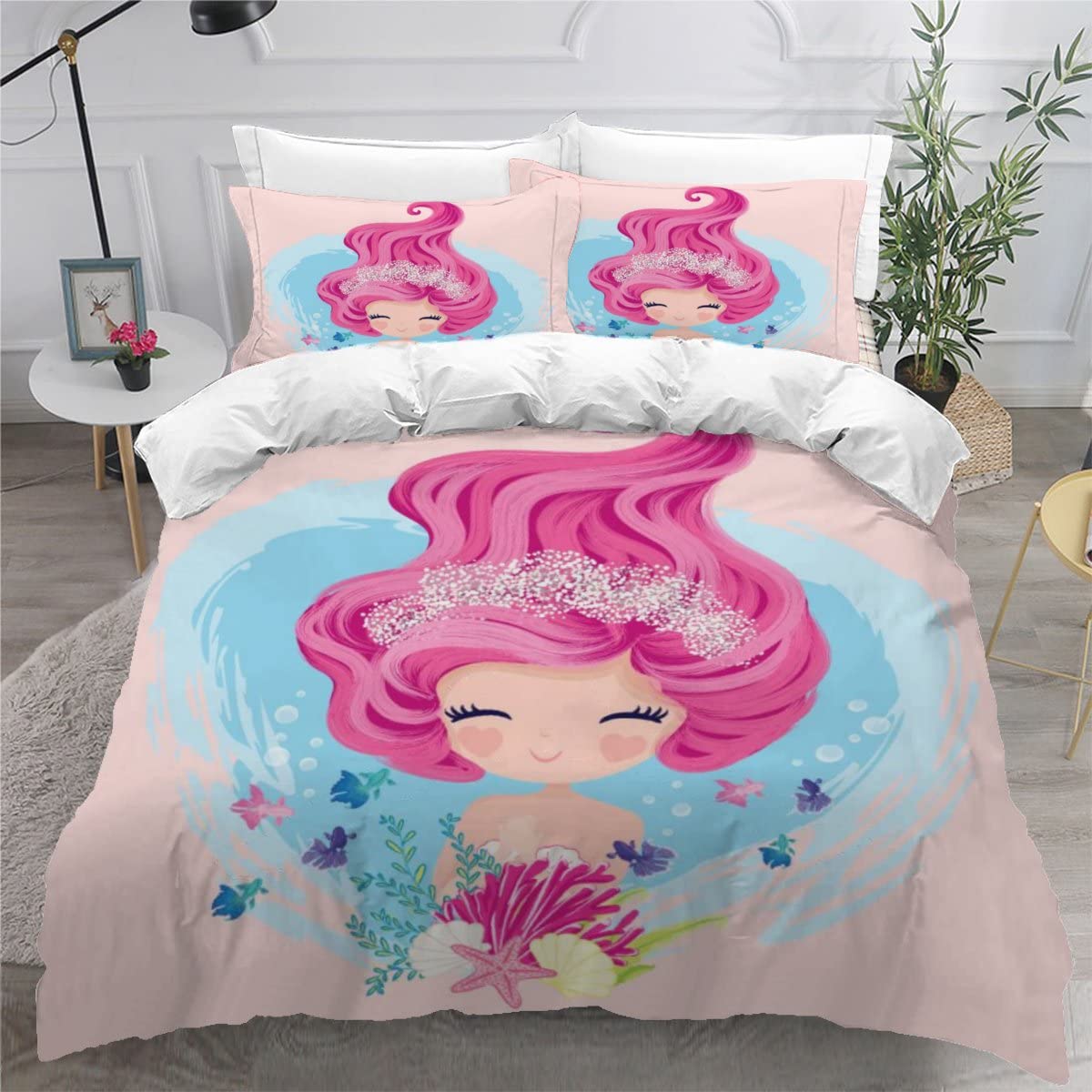 Housse de couette 240x260 sirène rose avec 2 taies d'oreiller pour lit 2 personnes
