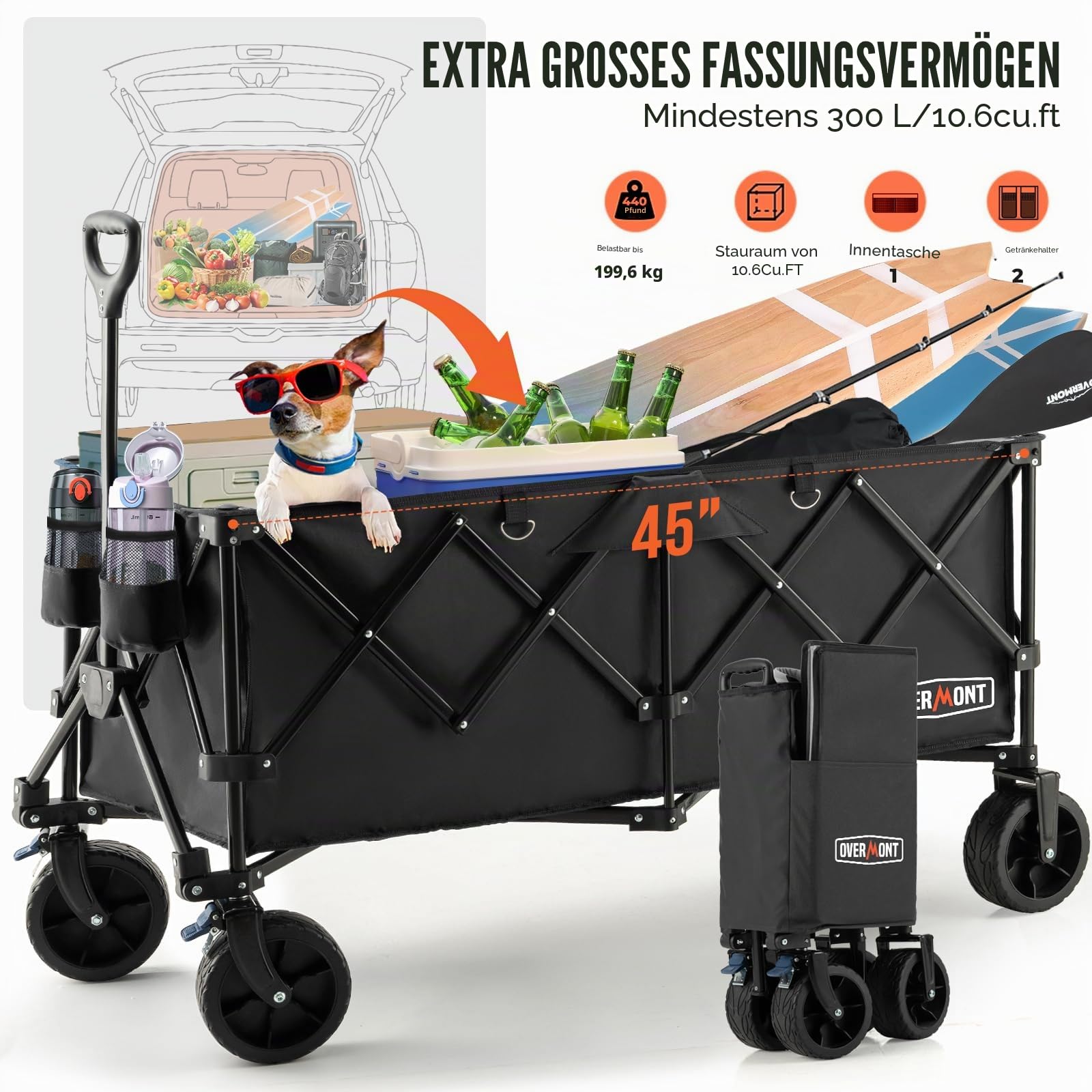 Overmont Faltbar Klappbar Bollerwagen mit Bremsen - Alle Gelände Räder - 300I großes Fassungsvermögen mit Seitentaschen Getränkehalter Verstellbarem Griff - bis 200 kg Tragkraft Schwarz