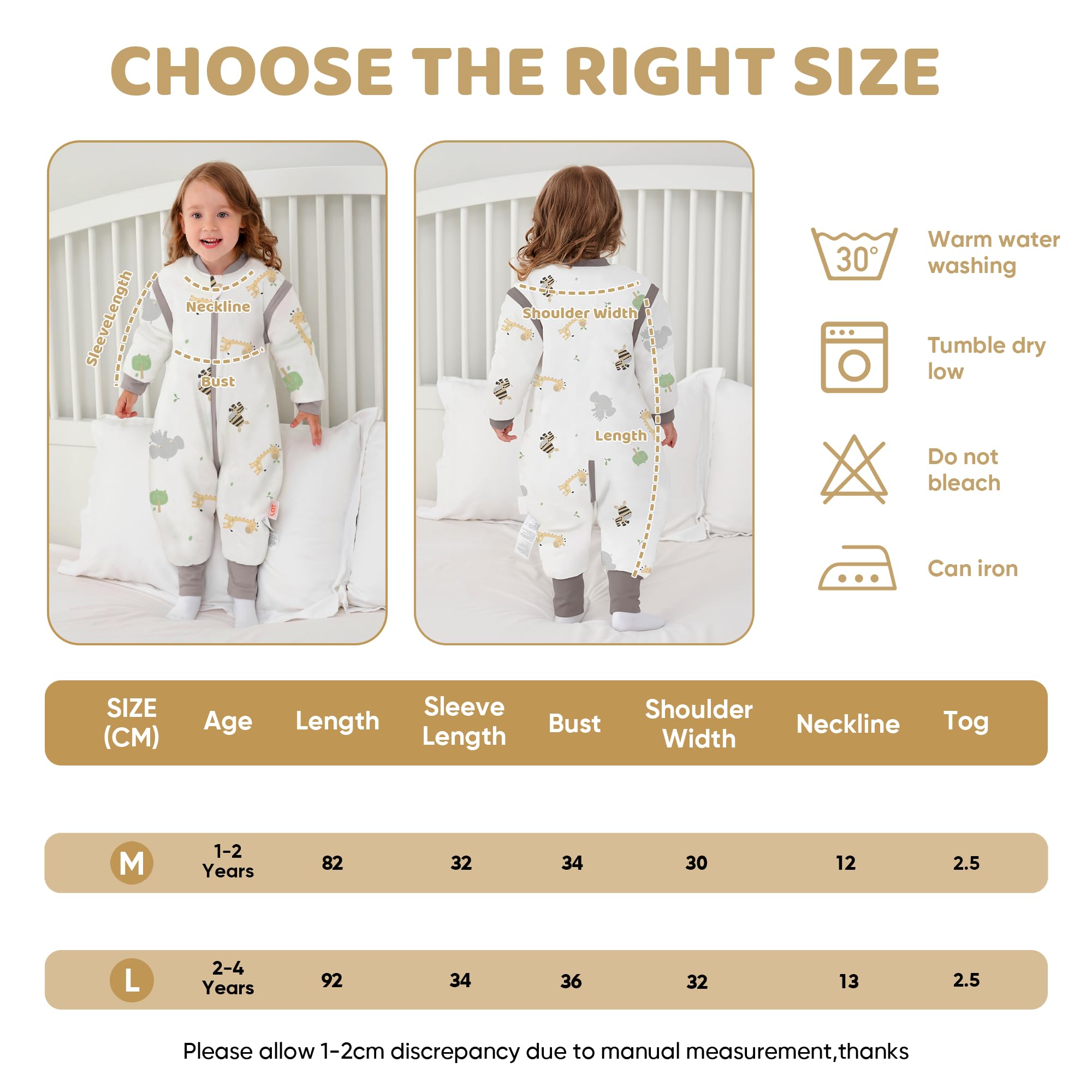 LAT Sacco Nanna Invernale, 2.5 Tog Sacco Nanna con Piedini e Maniche Staccabili, Sacco a Pelo in Cotone con Cerniera a 3 Vie per Bambini