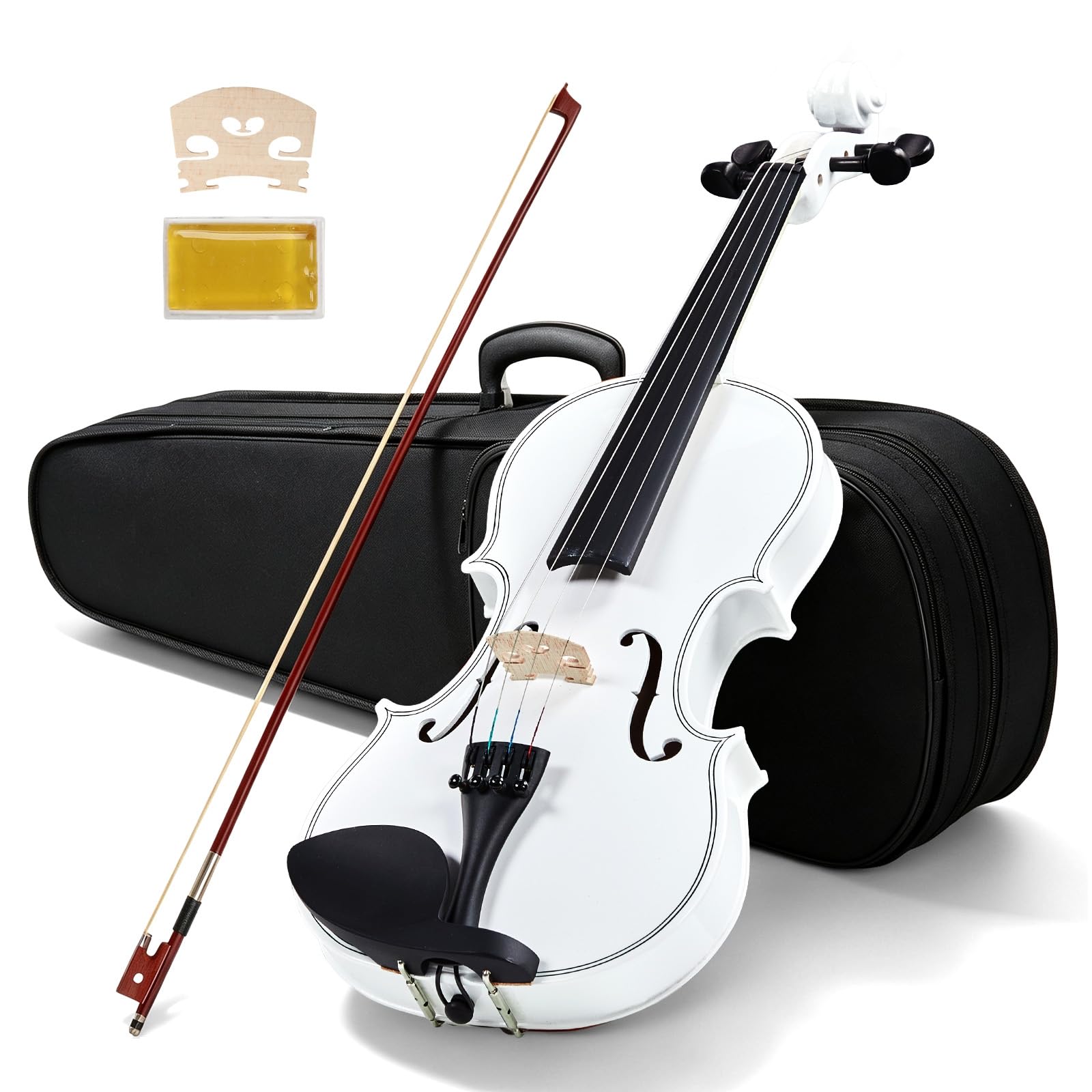 Bonnlo Violino per Bambini e Principianti, Misure 1/4, 1/2, 3/4 e 4/4, Violino in Legno Compensato di Tiglio con Acro in Legno Rosso, Astuccio, Colofonia e Mentoniera, 4/4, Bianco