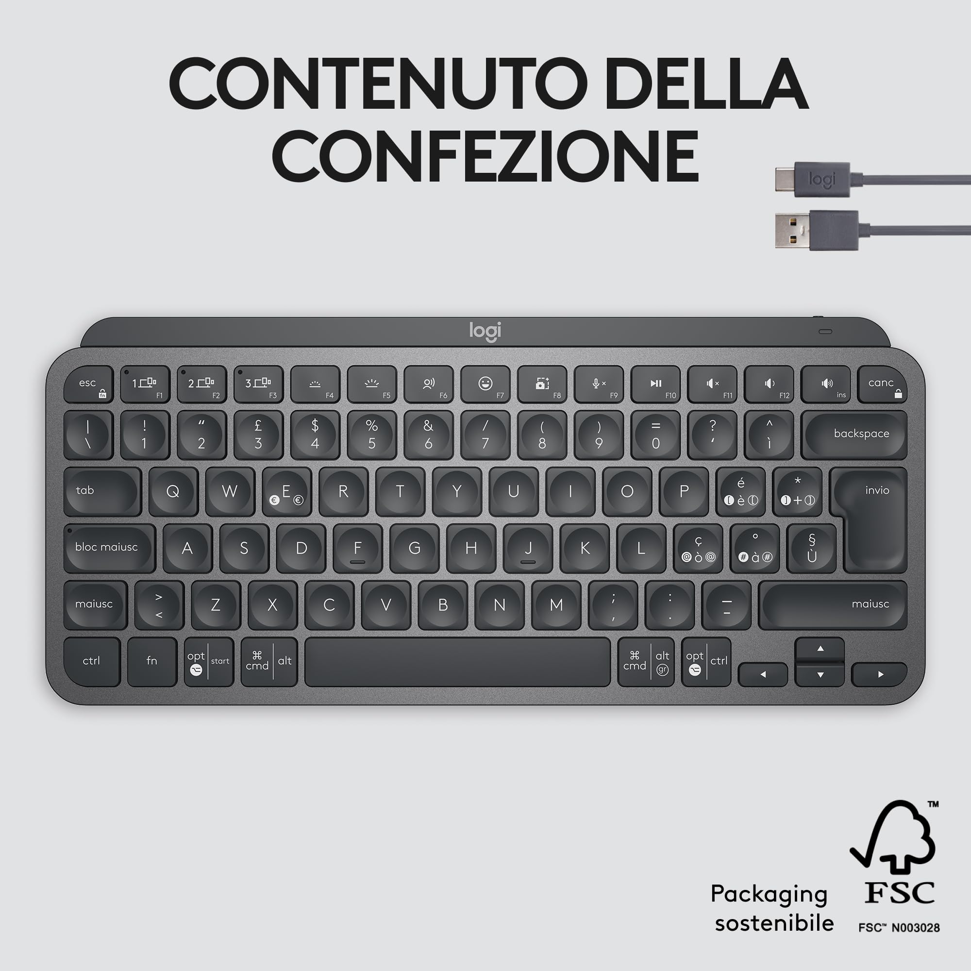 Logitech MX Keys Mini Tastiera Illuminata Wireless, Minimal, Compatta, Bluetooth, Retroilluminata, USB-C, Compatibile con Apple macOS, iOS, Windows, Linux, Android, in Metallo, ITA QWERTY - Grafite