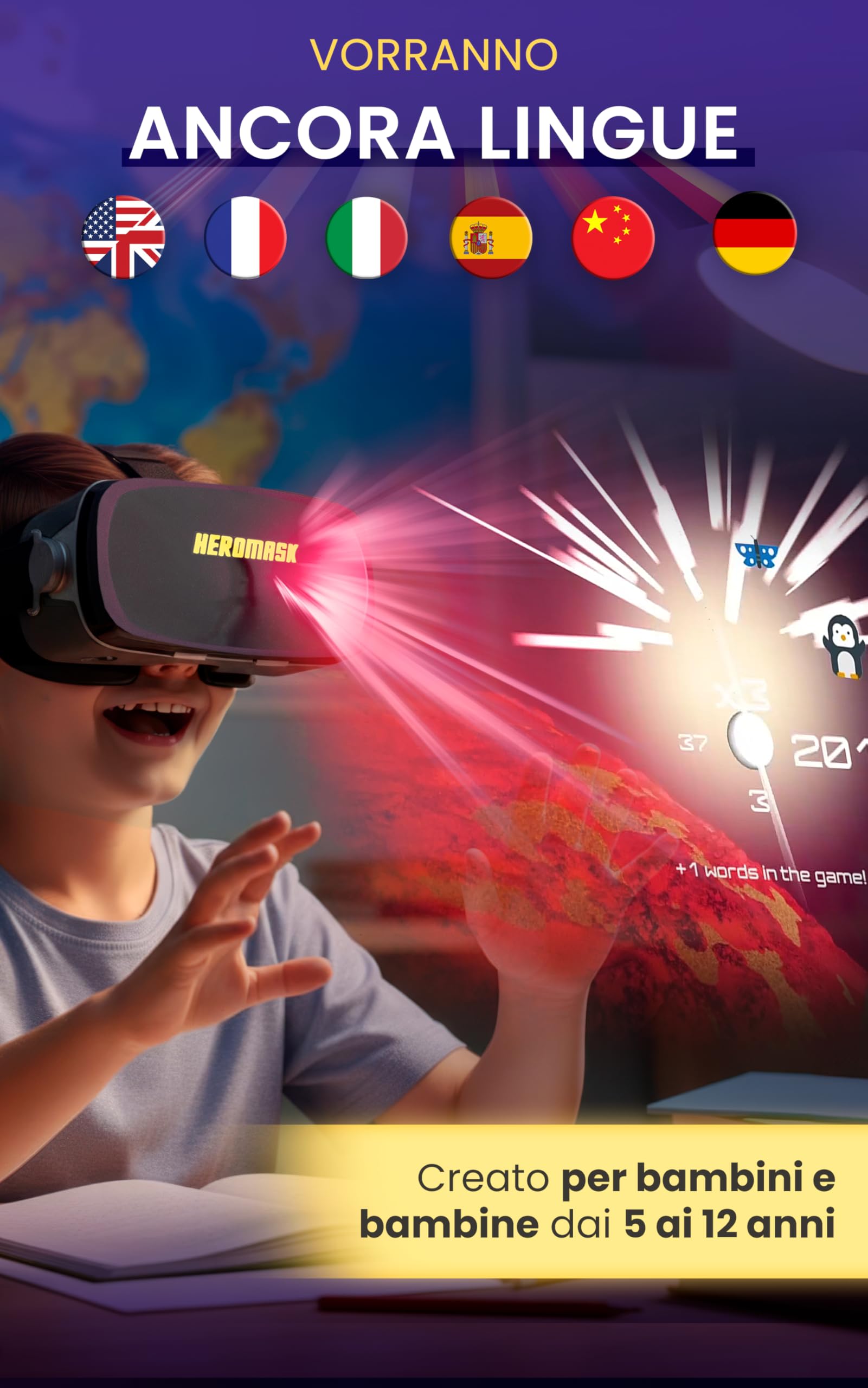 Heromask Visore VR + Giochi Lingue (Regalo Originale 5-12 Anni) — "Posso giocare ancora?": imparano Inglese, Spagnolo, Cinese e altri con avventure Realtà Virtuale [Occhiali 3D Giocattolo Educativo
