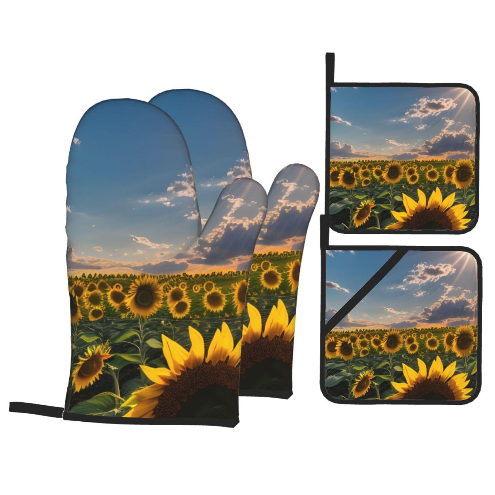 Sunflowers Sunlight Print 4-Piece Heat-Resistant Oven Waterproof Kitchen Gloves Cooking Roasting Essential