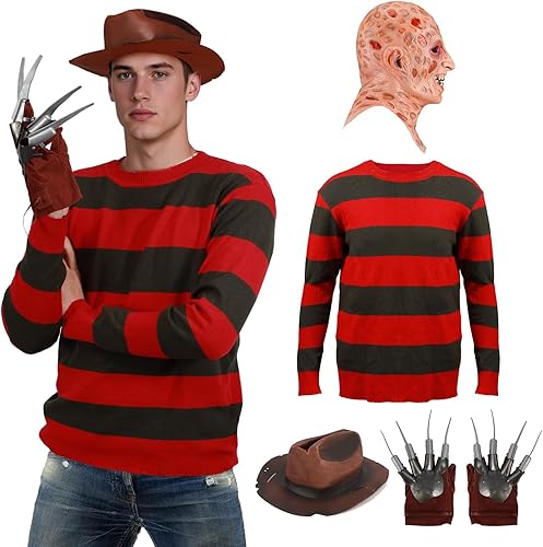 4 piezas de disfraz de Halloween para hombre con máscara, suéter a rayas rojas y verdes, juego de gorro, guante de terror, accesorios de cosplay de
