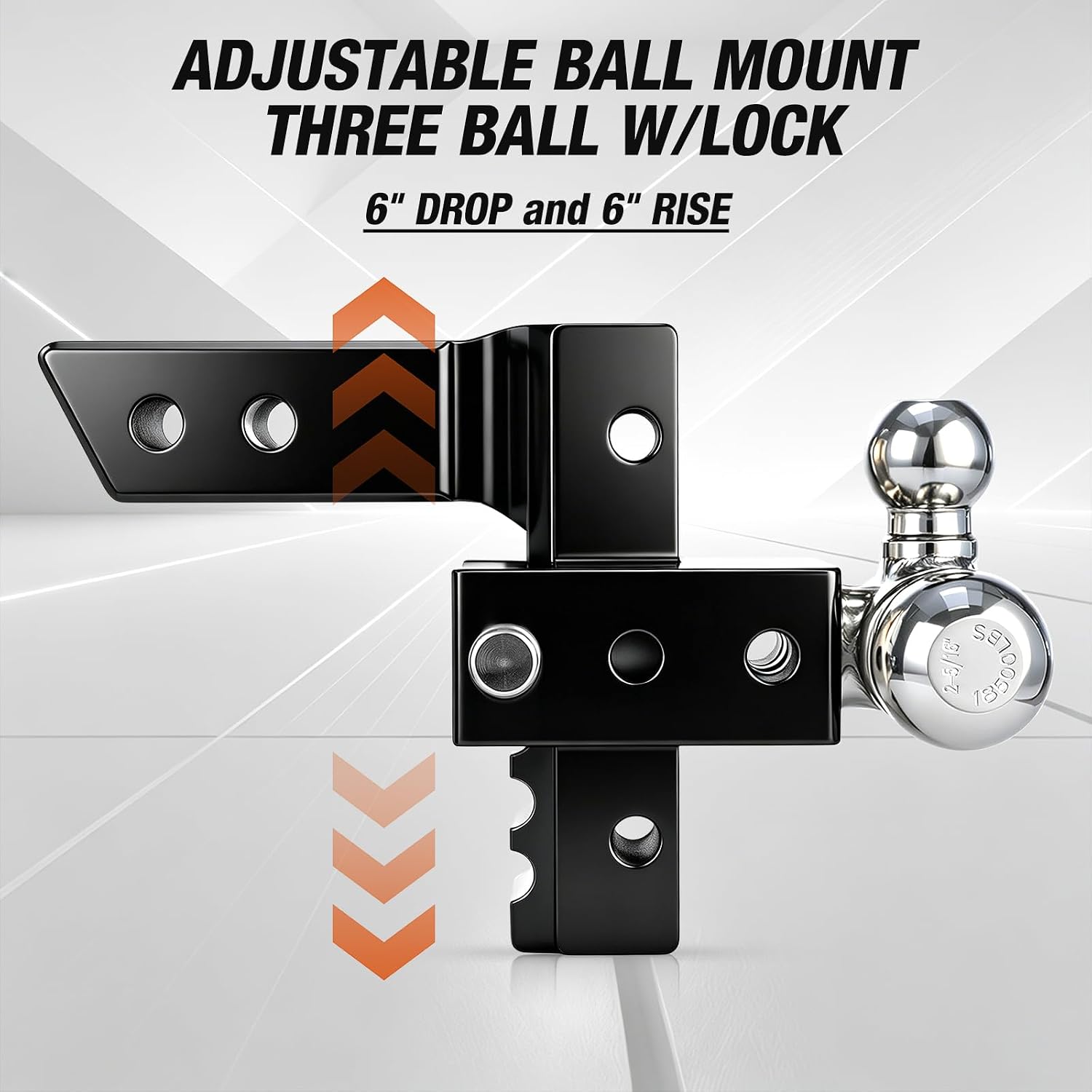 Adjustable Trailer Hitch Fits 2 Inch Receiver, Tri-Ball (1-7/8", 2" & 2-5/16") 6-Inch Rise/Drop RV Hitch 12500 Lbs Gtw Heavy Duty Aluminum Truck Tow Hitches Ball Mounts with Anti-Theft Pin (Black)