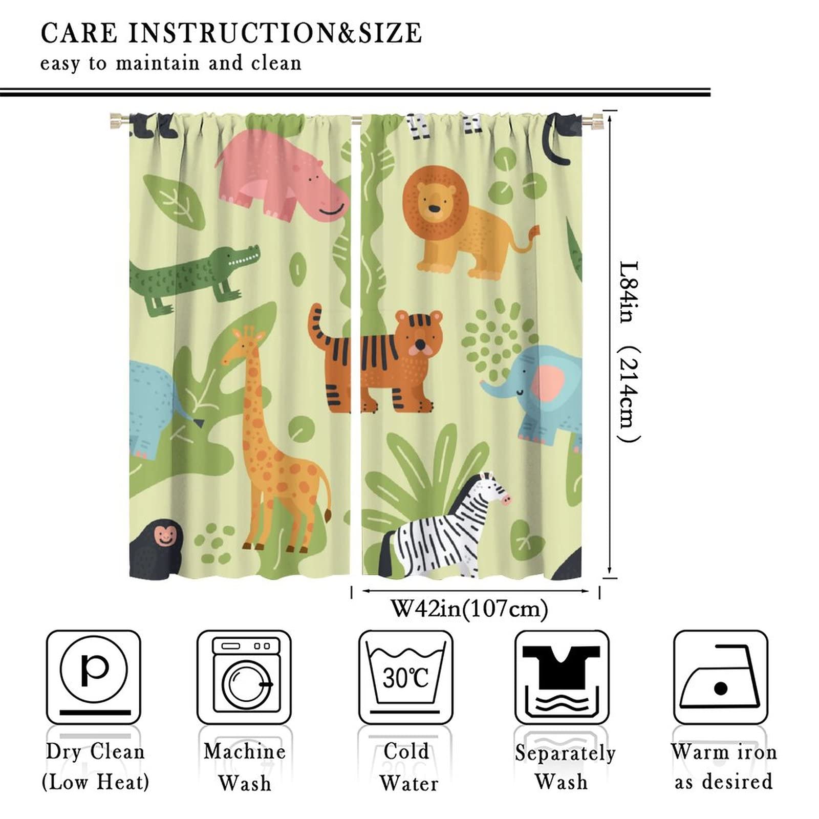 Cartoon Animals Blackout Curtains Colorful Cute Forest Safari Animals Green Kids Bedroom Nursery Living Room Decor Rod Pocket 2 Panels 42x63in