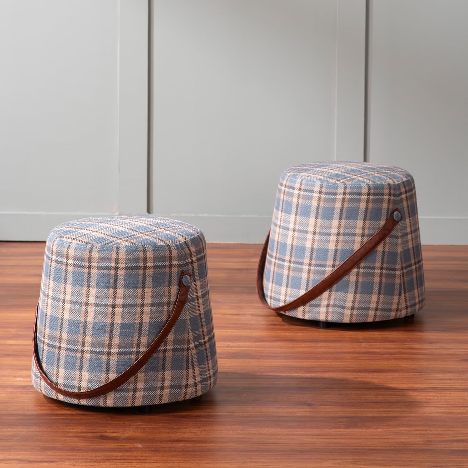 nestroots Round Pouffe Ottoman in Checked Color Houndstooth | 14 inches Portable Footstool with Faux Leather Handle | Lounge Chair Accent Stool for Living Room, Bedroom & Balcony-image-10