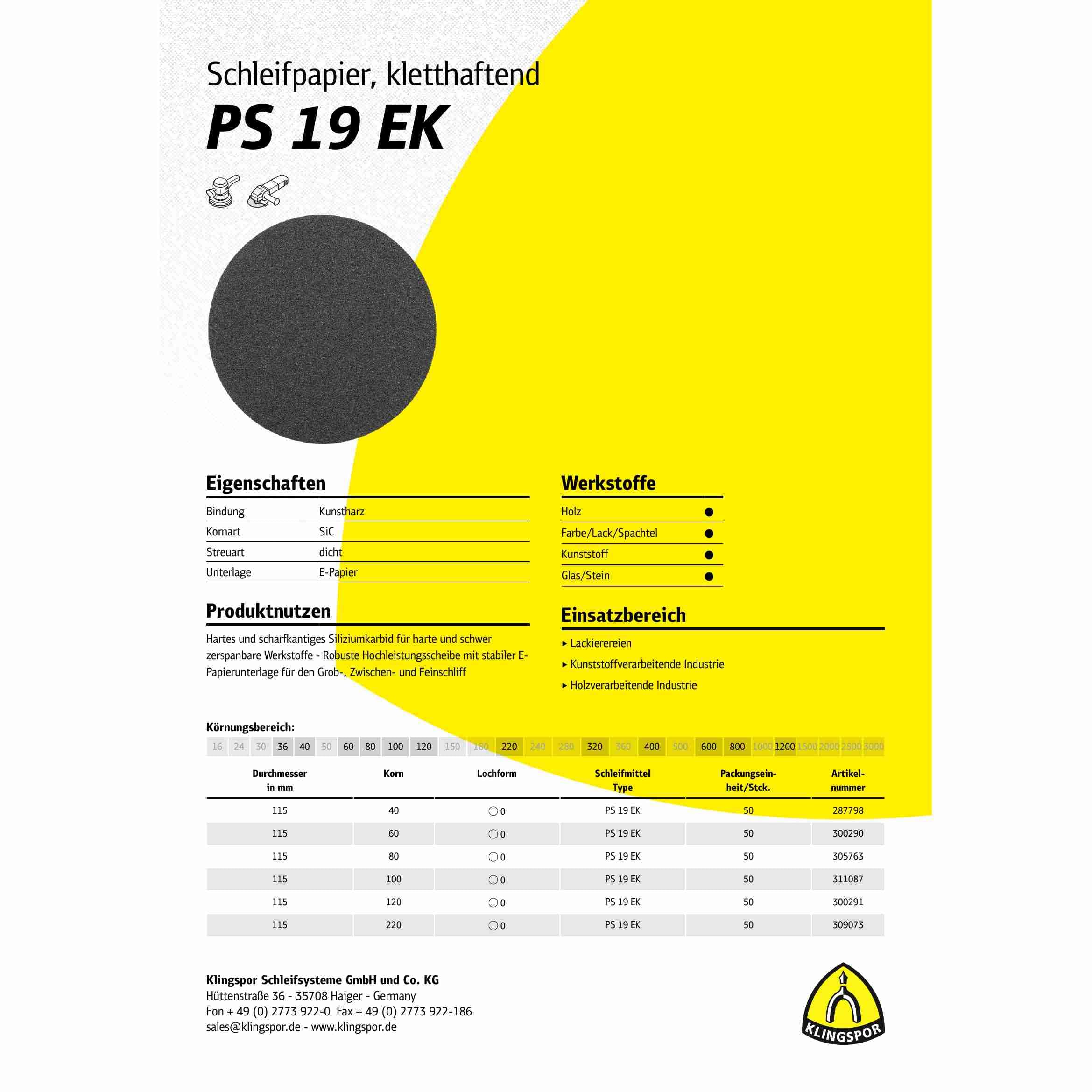 305763 PS 19 EK Lot de 50 disques abrasifs auto-agrippants Grain 80 115 mm