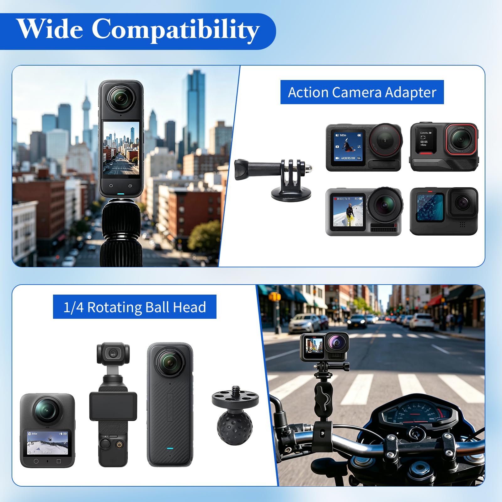 Soporte De Cámara para Moto Y Bicicleta, Abrazadera Doble Ajustable 360 Grados con Palo Selfie Invisible De 40-150cm, Compatible con Insta 360 X4 X5 para dji Osmo 360