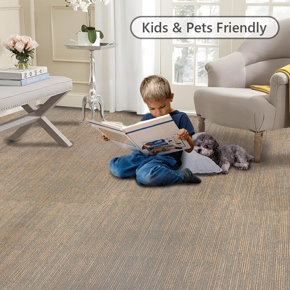 GL Carpet Tiles Reusable 24" x 24" Squares Indoor/Outdoor 0.25" Pile Height Loop Pile, Non Slip Easy DIY Installation Peel and Stick Carpet Tile, (18 Tiles) (72 sqft/Box) (Kahki)