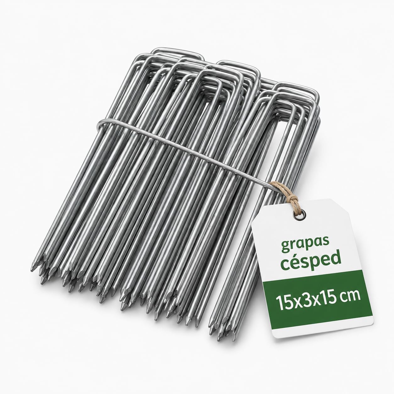 Grapas para Césped Artificial - 100 Piquetas + 16 Arandelas - Mallas Antihierba - Piquetas Camping Suelo Duro - Clavos Jardín - Anclaje Suelo - Metal - 3mm - 15x3x15cm