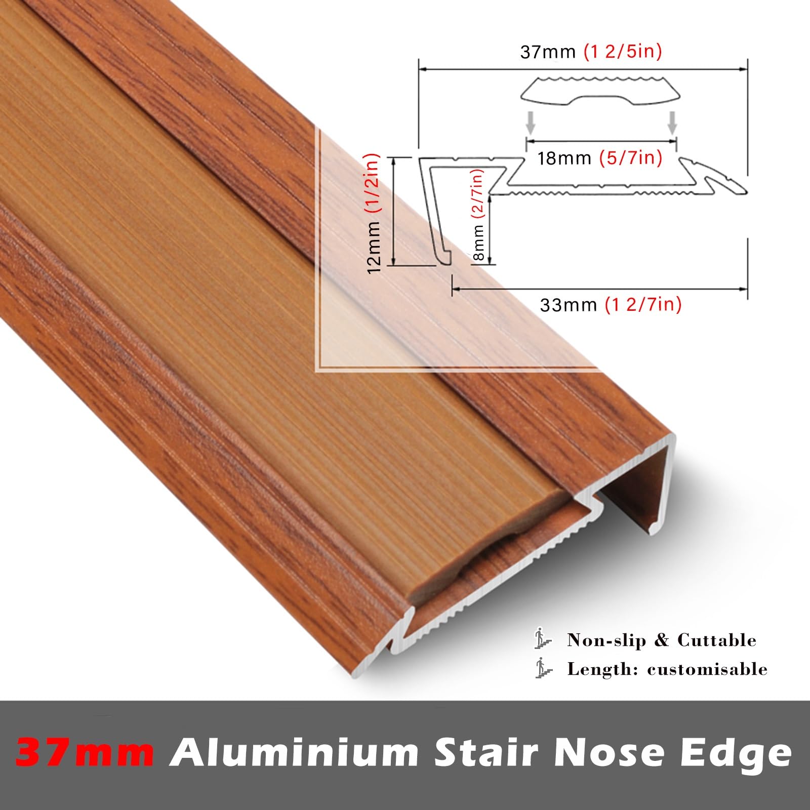 Striscia di transizione antiscivolo per scale, protezione per bordi delle scale in moquette/legno, con venature del legno, 89,9 cm