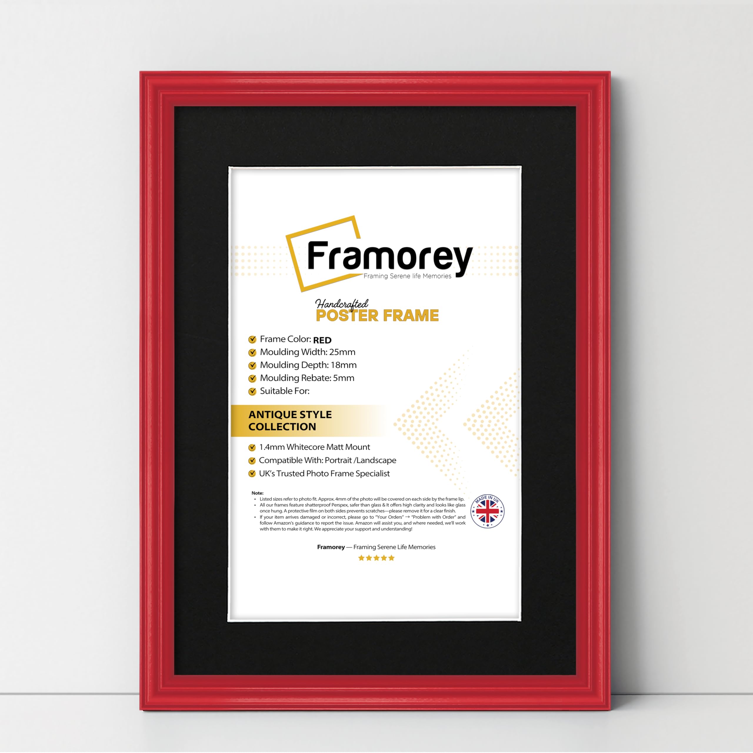 FRAMOREY LW Antique Style Photo Frames 22x18" Size Red Picture Frame With 18x14" Size Black Mount, Modern Art Picture Frames, Wall Hanging Poster Frame, Photo Print Frames
