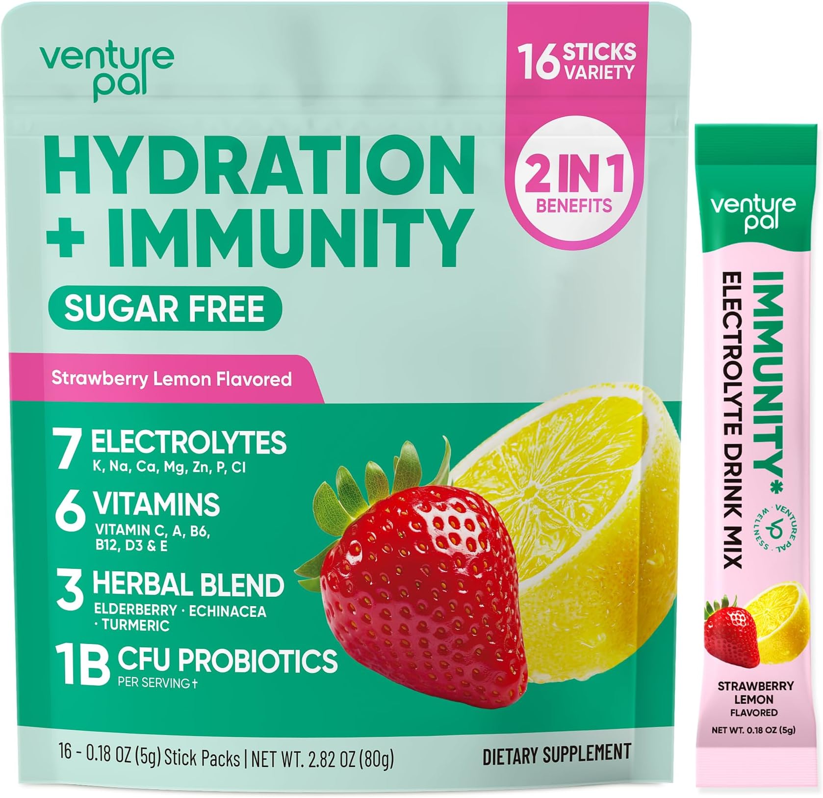 2-in-1 Hydration + Immune Electrolytes Powder Packets with 7 Electrolytes & 6 Vitamins, Elderberry, Turmeric, Echinacea | Liquid Daily IV Drink Mix | Sugar Free | Keto Friendly, 16 Sticks