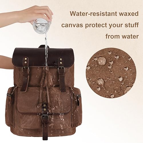 Miniatura 3 de Mochila de lona encerada vintage casual de cuero genuino para computadora portátil, mochila de hombro para viajessenderismoescuela