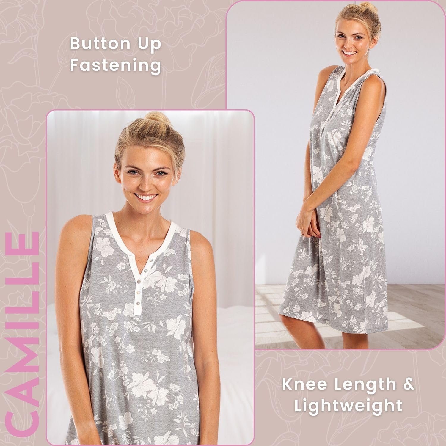 Camille Jolie Chemise de Nuit Florale pour Femme – Robe de Nuit légère sans Manches – Vêtements de Nuit Confortables et Respirants avec Patte de Boutonnage