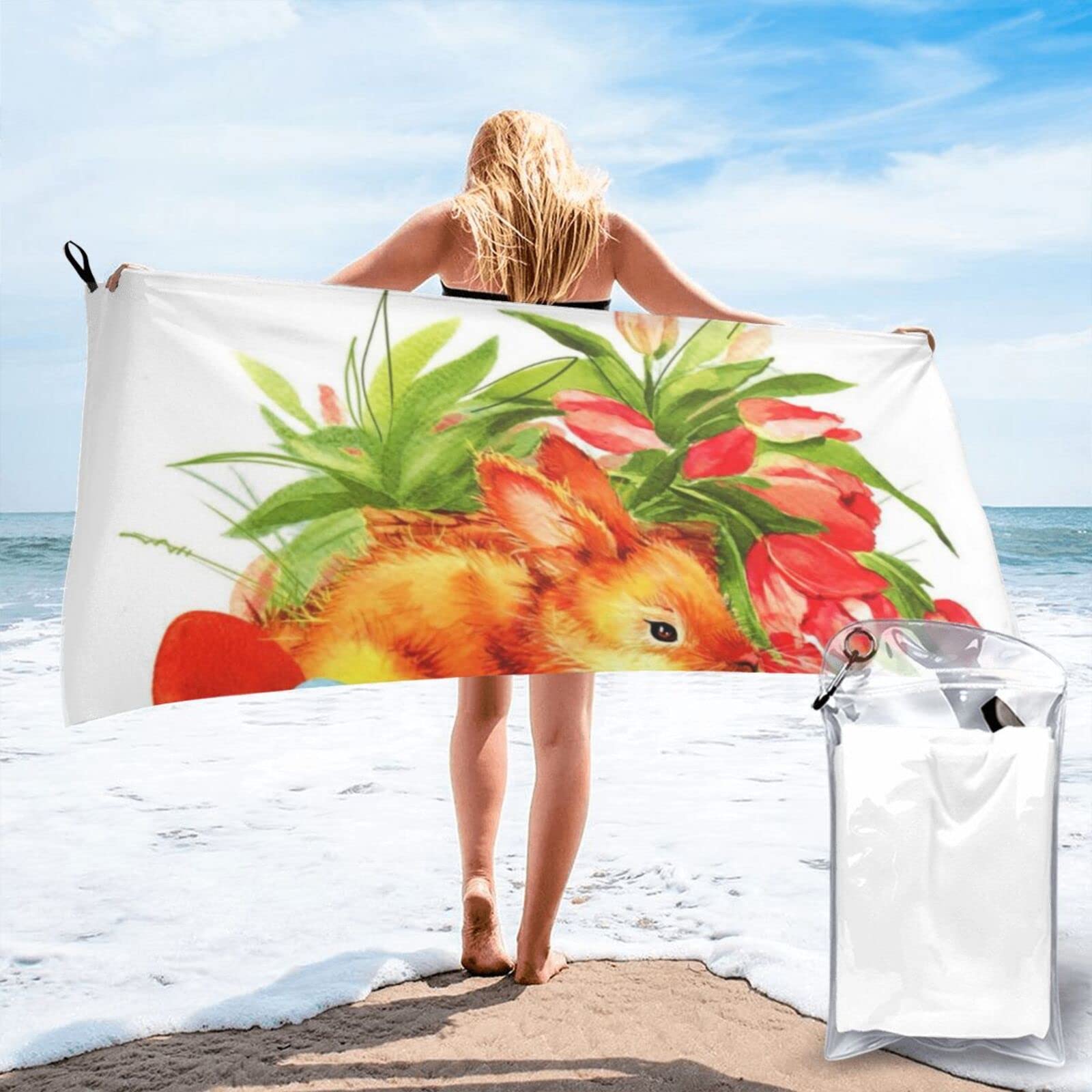 Lawenp Spring Easter Bunny and Eggs Microfiber Beach Towel Adults Large Quick Drying Bath Towel Travel Towels with Pouch 27.5"x55"