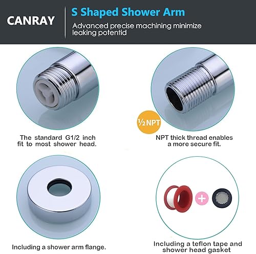 Miniatura 3 de CANRAY Brazo de ducha de cuello de cisne cromado, tubo de extensión de cabezal de ducha en forma de S, extensor de altura de ducha de 13 pulgadas