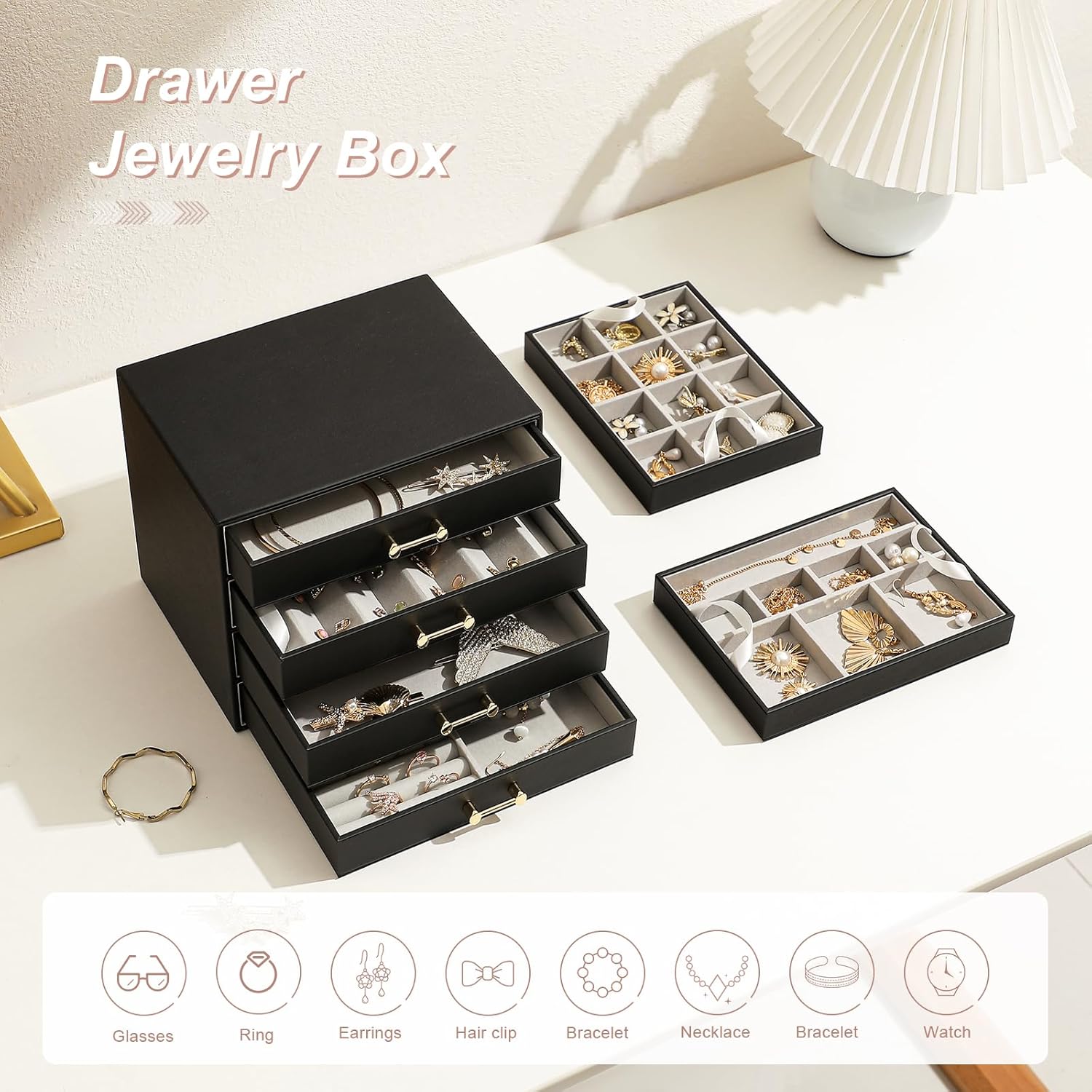 Jewelry Organizer with 4 Drawers, Women Jewelry Box with 6 Jewelry Trays Stackable Jewelry Holder for Earrings Ring Bracelet Necklace, Black
