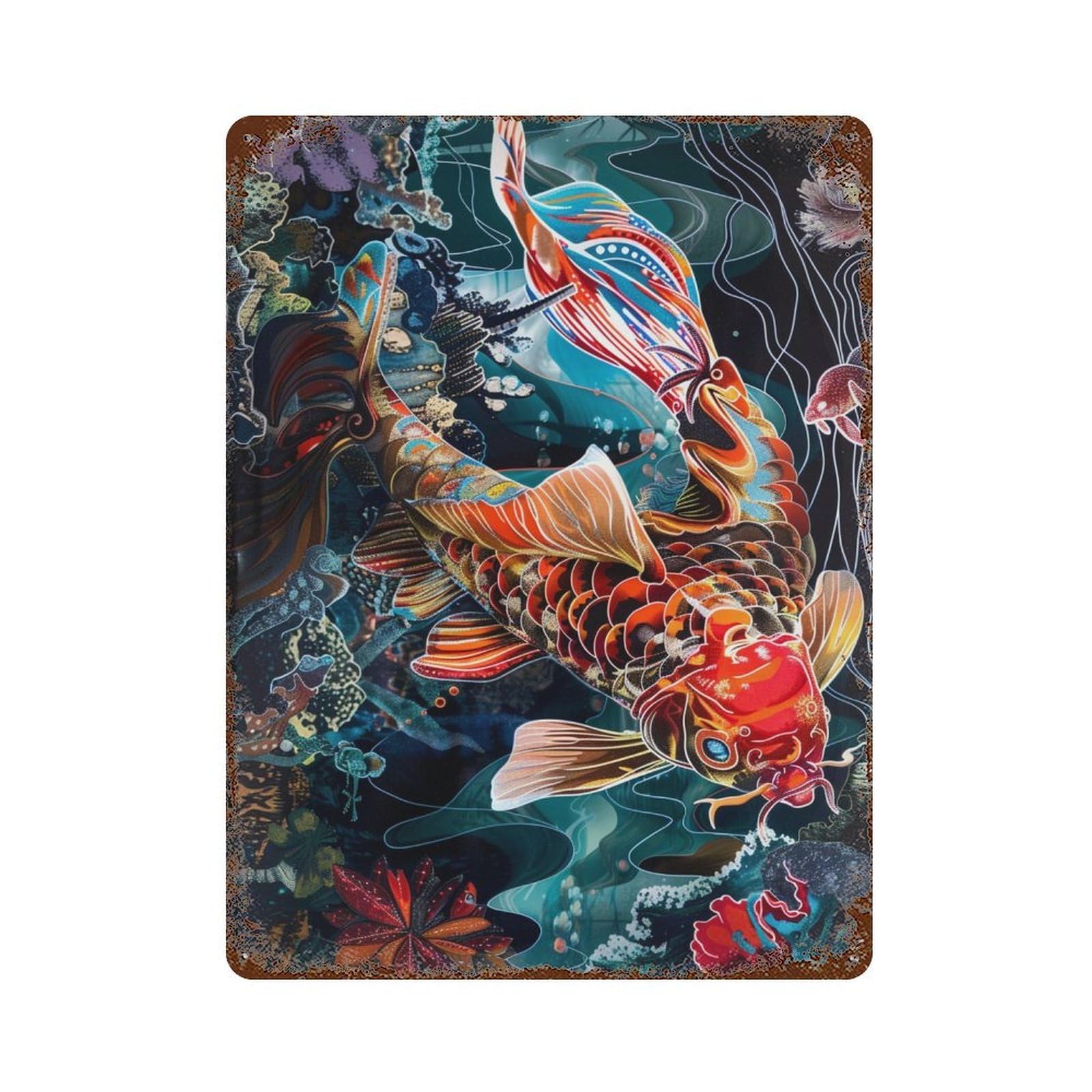 Garage Style Colorful Koi Fish Art Print-1 Rustic Tin Plaque 15.7"x11.8", Vintage Wall Decor for Bar And Workshop