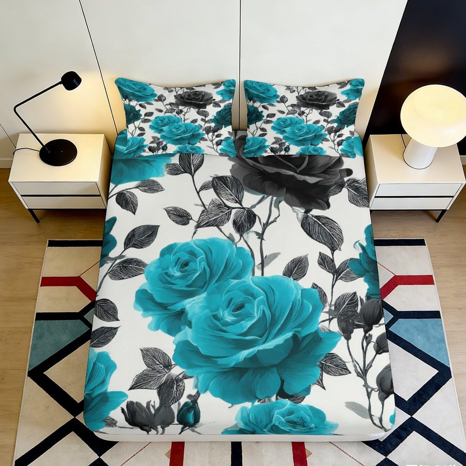 3D Printed Plum Blossom Fitted Sheet Microfiber Deep Pocket Bedding Decor Non-Slip Plum Blossom Mattress Fitted Cover Washable 90x200x25cm
