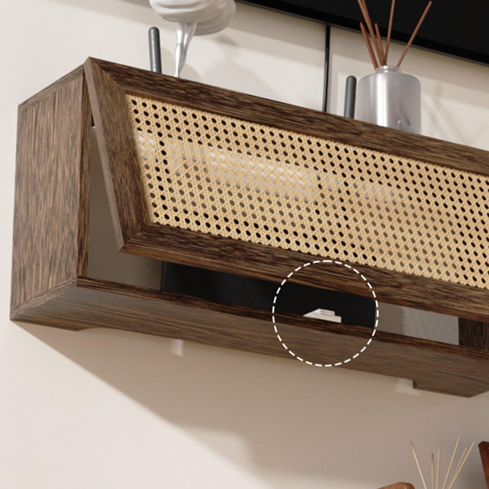 Rattan-WLAN-Router-Aufbewahrungsschrank for Kabelmodems und Netzwerkgeräte – Hölzerne WLAN-Router-Box, stilvolles Design mit Belüftung und Kabelmanagement(50 * 13 * 20cm)