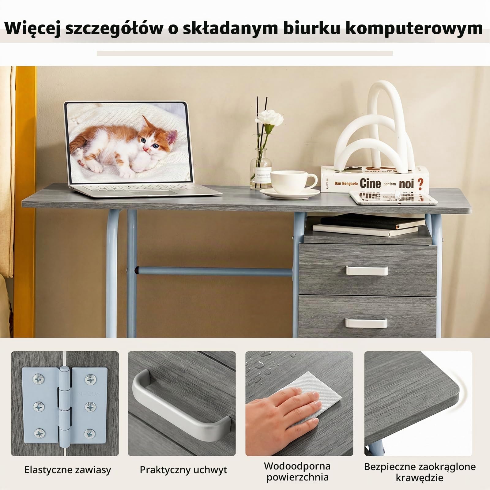 COSTWAY Składane biurko komputerowe z 3 szufladami i kółkami, biurko z metalową ramą, zajmuje mało miejsca, składane biurko do małych pomieszczeń, 105 x 50 x 75 cm (szare)