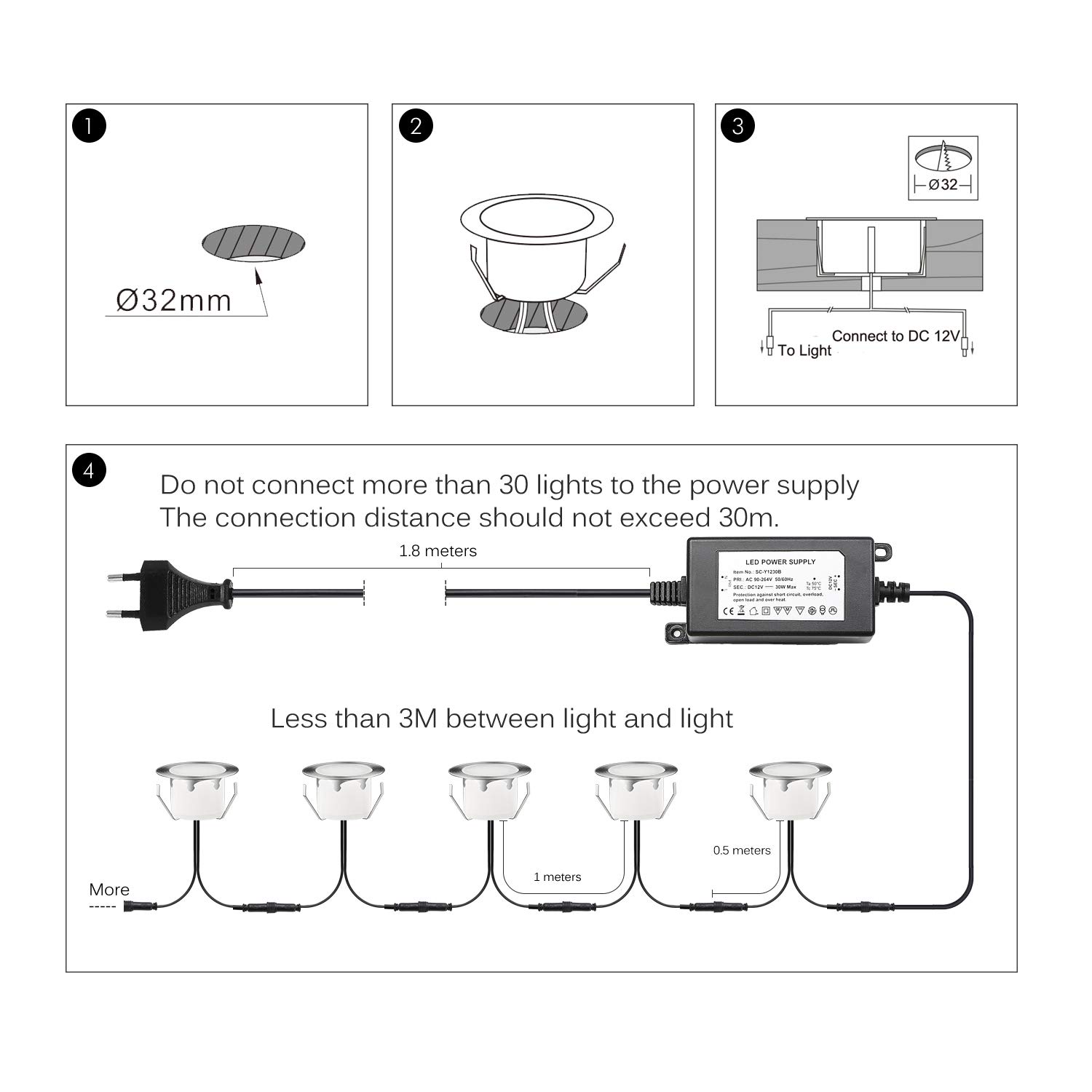 10er Mini LED Terrassen Einbaustrahler Außen, 12V 1W Warmweiß