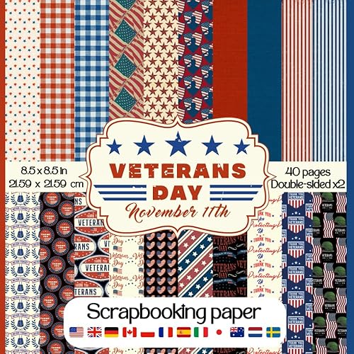 Veterans Day Scrapbook Paper Collection of double sided patriotic craft paper and vintage patterns for scrapbooking, card making, collage art, and