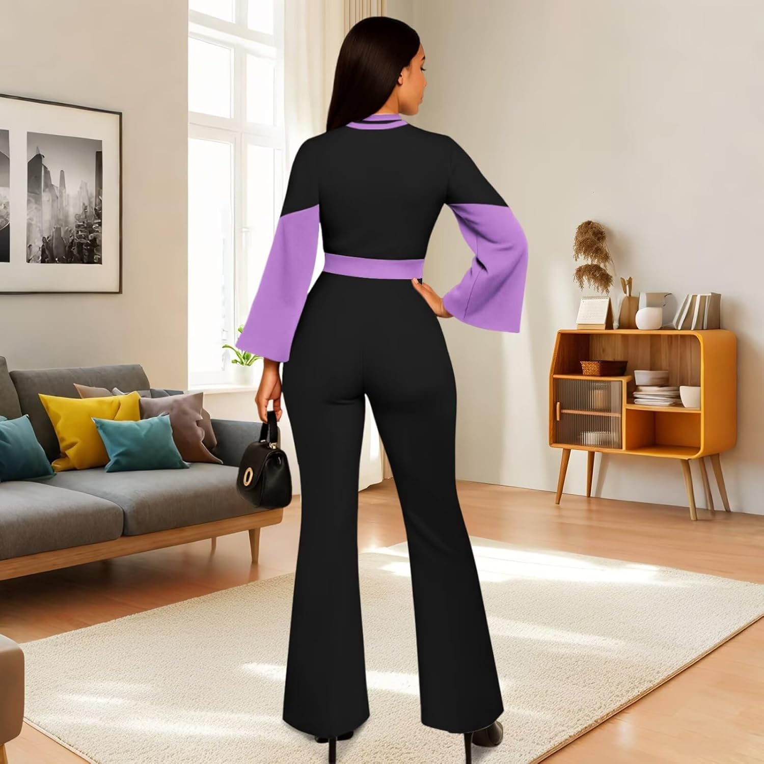 WXN Two Piece Sets for Women Going Out Long Flared Sleeve Colorblock Crop Top Wide Pants Set Brunch Outfits - Image 3