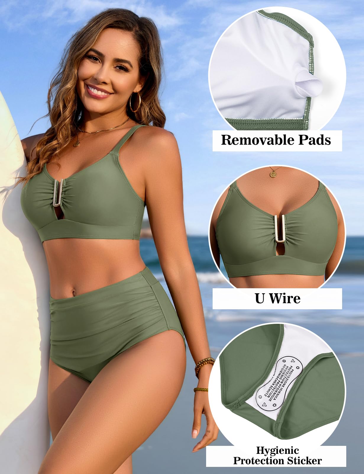 UMIPUBO Maillot de Bain Femme 2 Pieces Bikini Set Gainant Ventre Plat Push Up Haute Taille Culotte Grande Métal Décolleté en U Deux Pièces