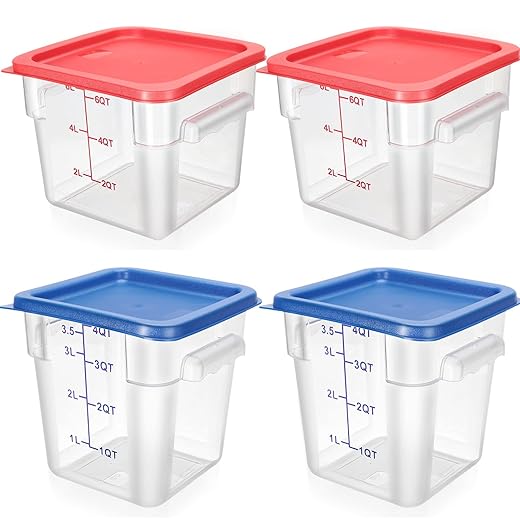 Lallisa 4 Pcs 8 Qt and 4 Qt Clear Food Storage Containers with Lids, Handles and Scales, Commercial Grade Square Containers Polycarbonate Air Tight for Home Storage Kitchen Restaurant(Red, Blue)