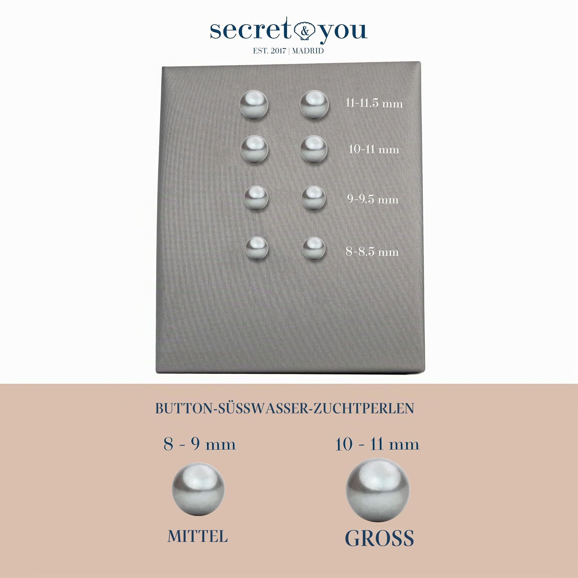 Damen Perlenohrringe Grau Süßwasser Zuchtperlen Knopfform Grau Farbe SECRET & YOU - Perlen Ohrstecker Sterling Silber 925 - Erhältlich in 4 Größen von 8-11 mm