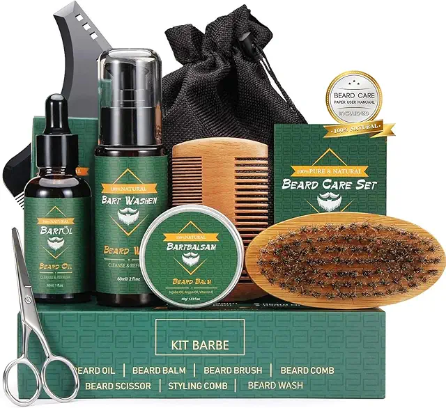 Kit Completo Cuidado Barba con Champú, Aceite, Bálsamo y Accesorios