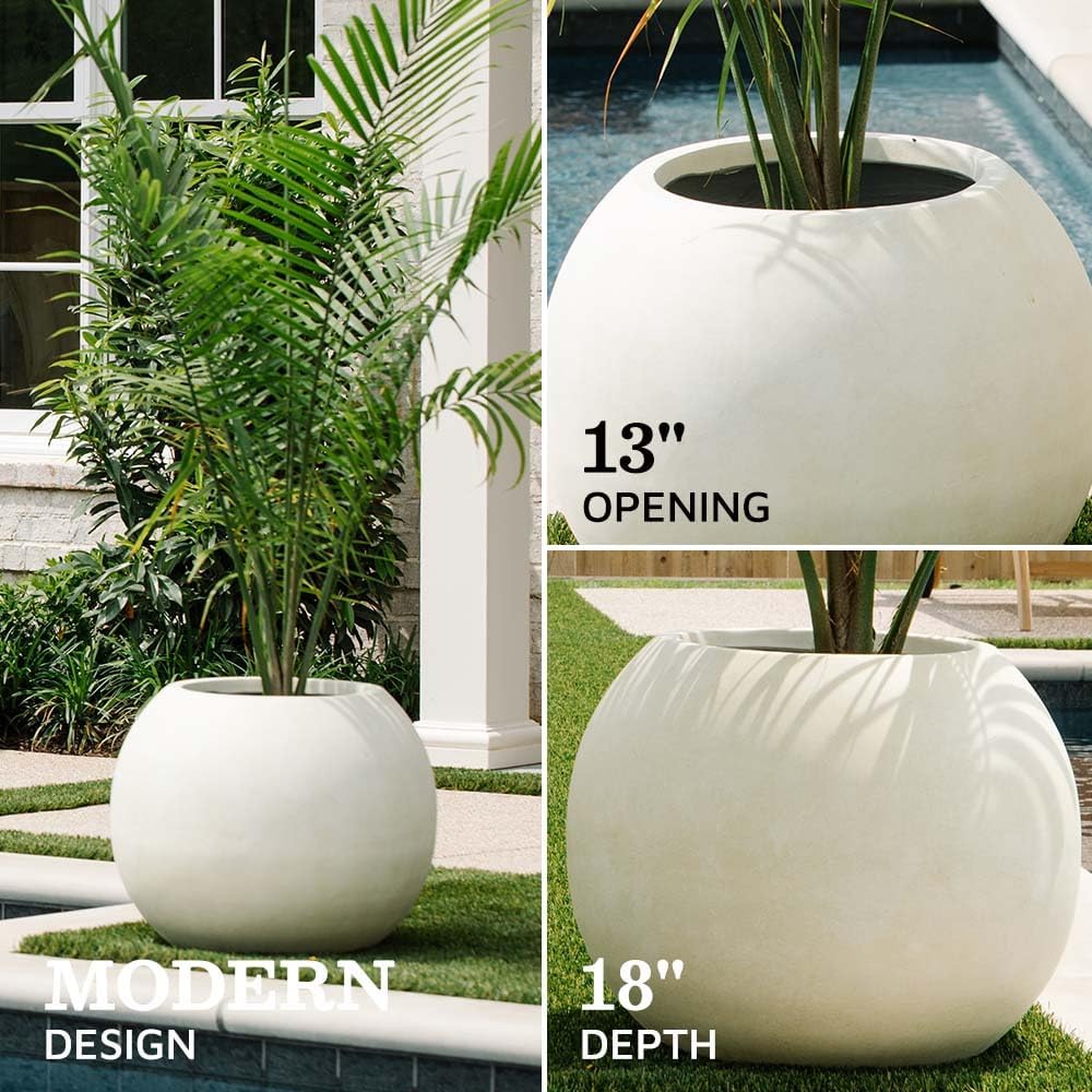Ash & Ember 24" Round Sphere Satin Ivory Planter, 46 Gallon Lightweight Fiberstone Composite with Weather-Resistant Finish, Modern Planter Pot for Indoor and Outdoor Plants
