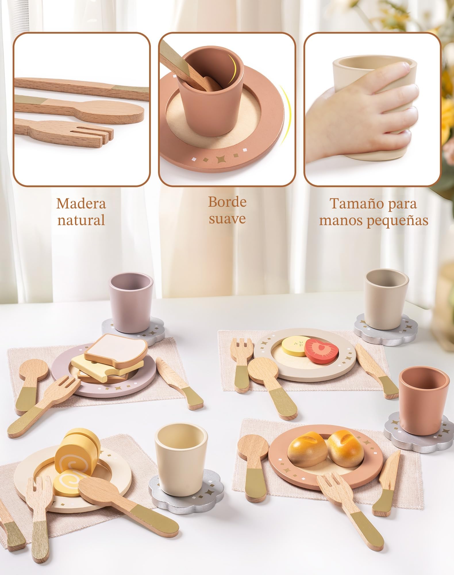 ROBUD Juego de platos de cocina de madera, 29 platos de juguete y cubiertos para juegos de simulación, accesorios de cocina, regalos para niñas y niños (juego de 4)