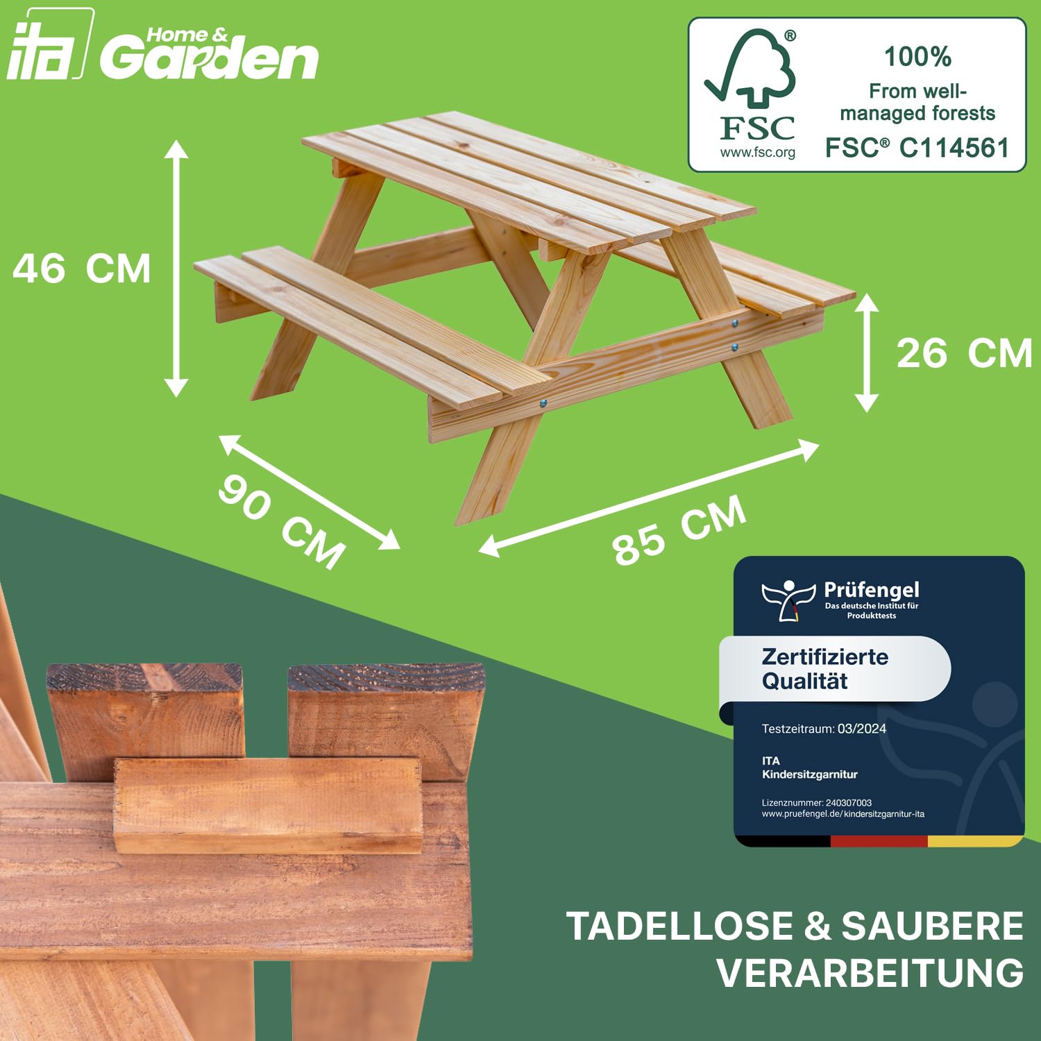 ITA Kinder Sitzgarnitur aus Holz, Picknicktisch mit 2 Bänken für Kinder ab 3 Jahren, Indoor & Outdoor, FSC-Zertifiziert, Made in EU, Braun