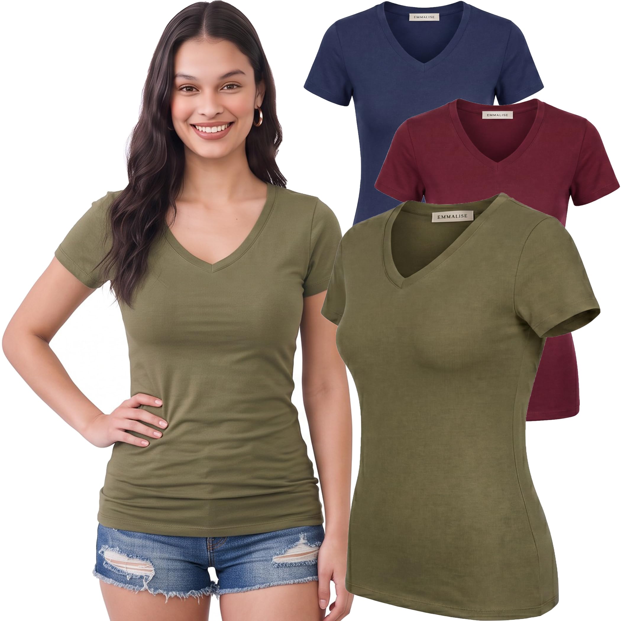 Emmalise T-shirt à manches courtes et col en V pour femme, Lot de 3 - Olive/bleu marine/bordeaux, Taille L