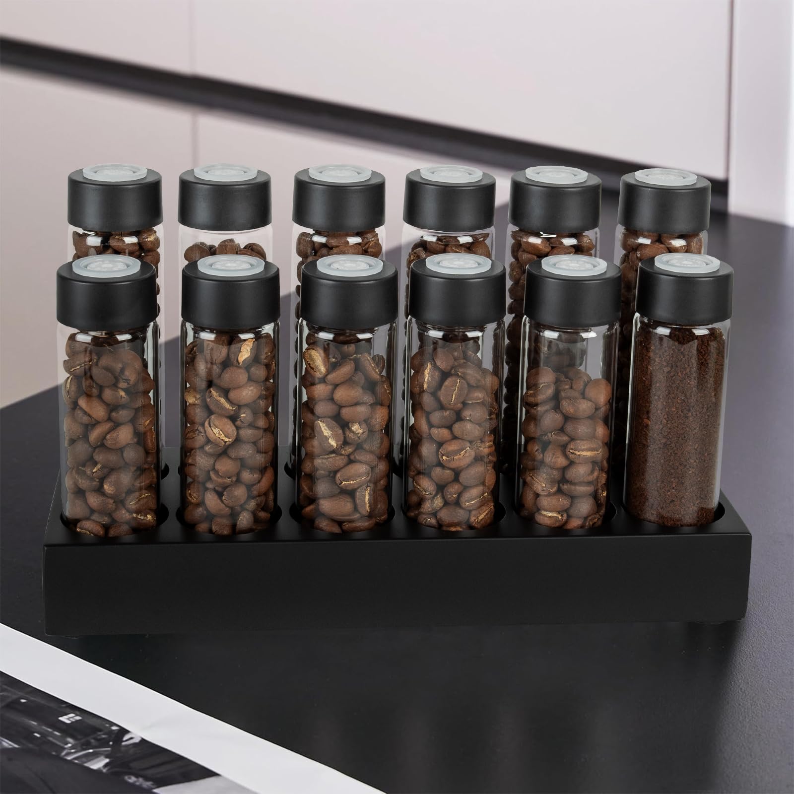 12 Tubi di Vetro per la Conservazione dei Chicchi di Caffè | Contenitori per la Conservazione dei Chicchi di Caffè Monodose con Supporto in Legno di Faggio, e Imbuto