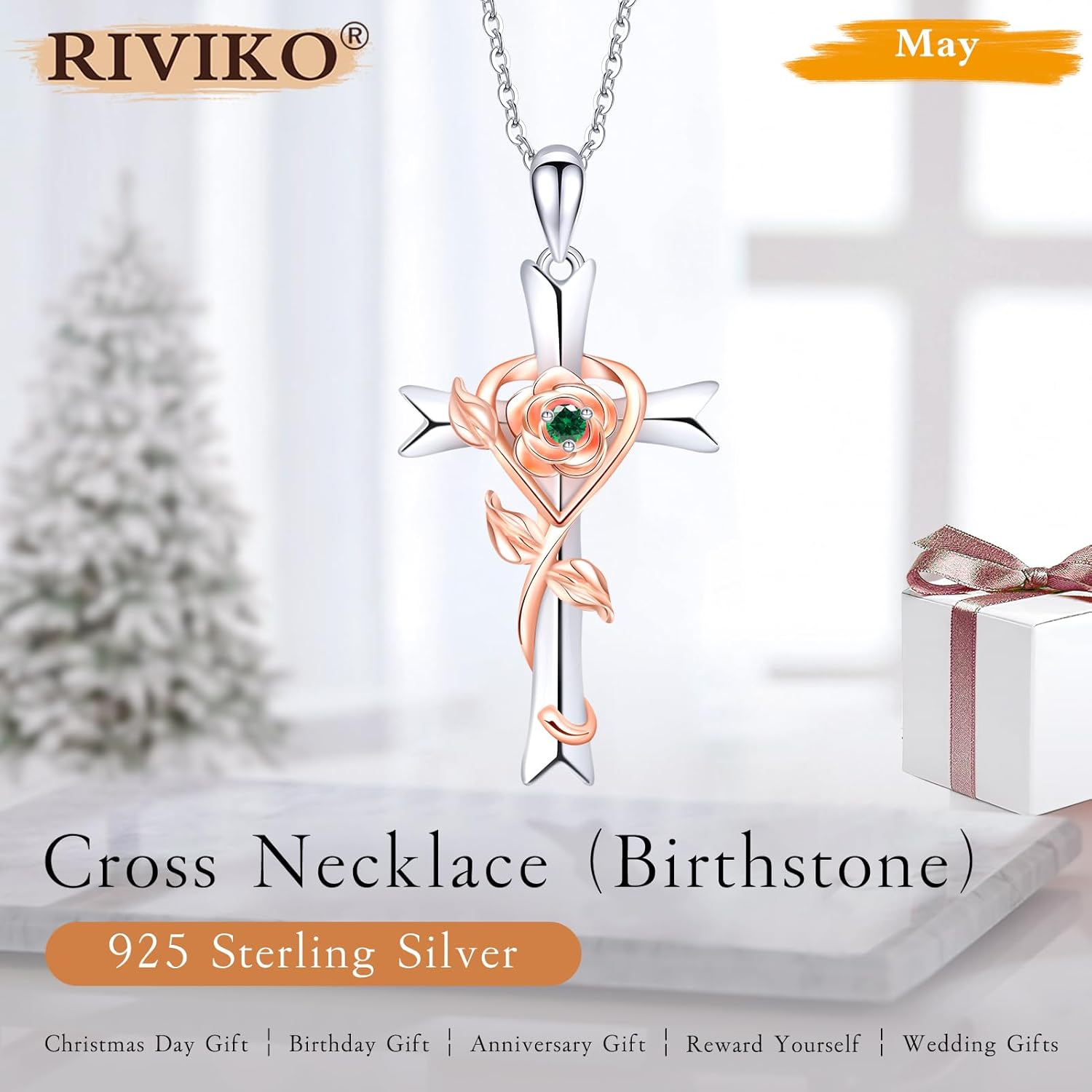 RIVIKO 925 Sterling Silver Cross Birthstone Necklace for Women Cross Rose Pendant Necklaces Trendy Christmas Valentine's Day Anniversary Jewelry Gift for Women Her Wife Girlfriends - Image 2