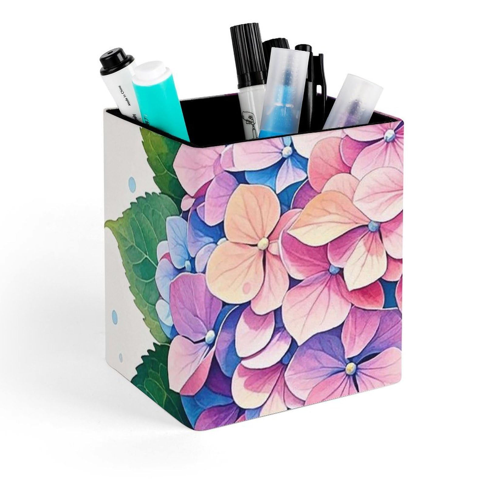 DWVTSLH Aesthetic Pen Holder for Desk - Modern Leather Pencil Holder - Stylish Square Makeup Brush Holder - Watercolor Hydrangea Pen Cup Cute And Functional Desk Organizer for Office Supplies