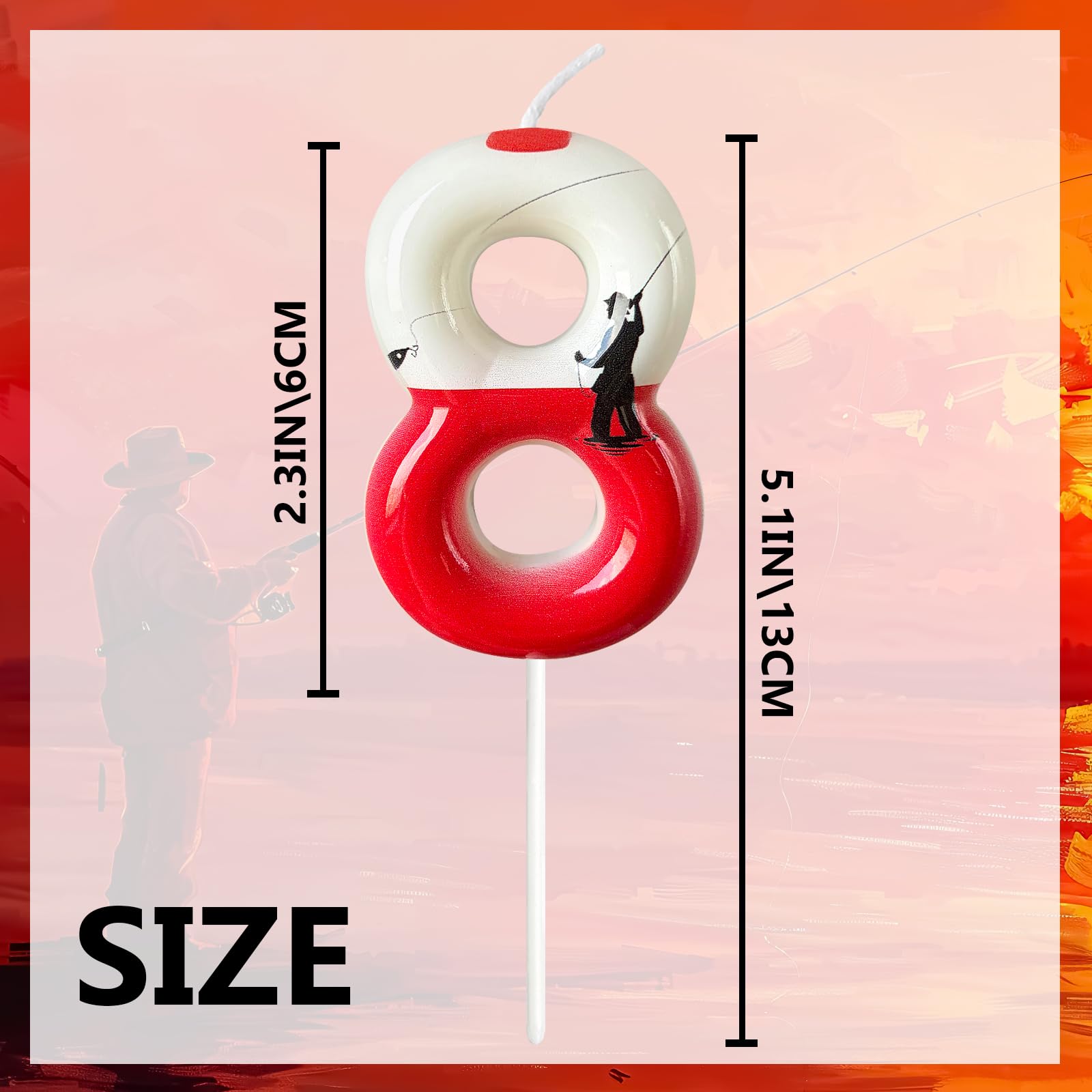 A festive red and white bobber-style candle, perfect for a fishing-themed birthday cake.
