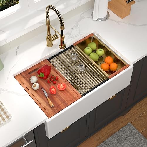 Vista 41 de Fregadero de 33 unidades de arcilla refractaria de 33 x 20 x 10 pulgadas, color blanco, fregadero de cocina de porcelana de cerámica, estilo casa