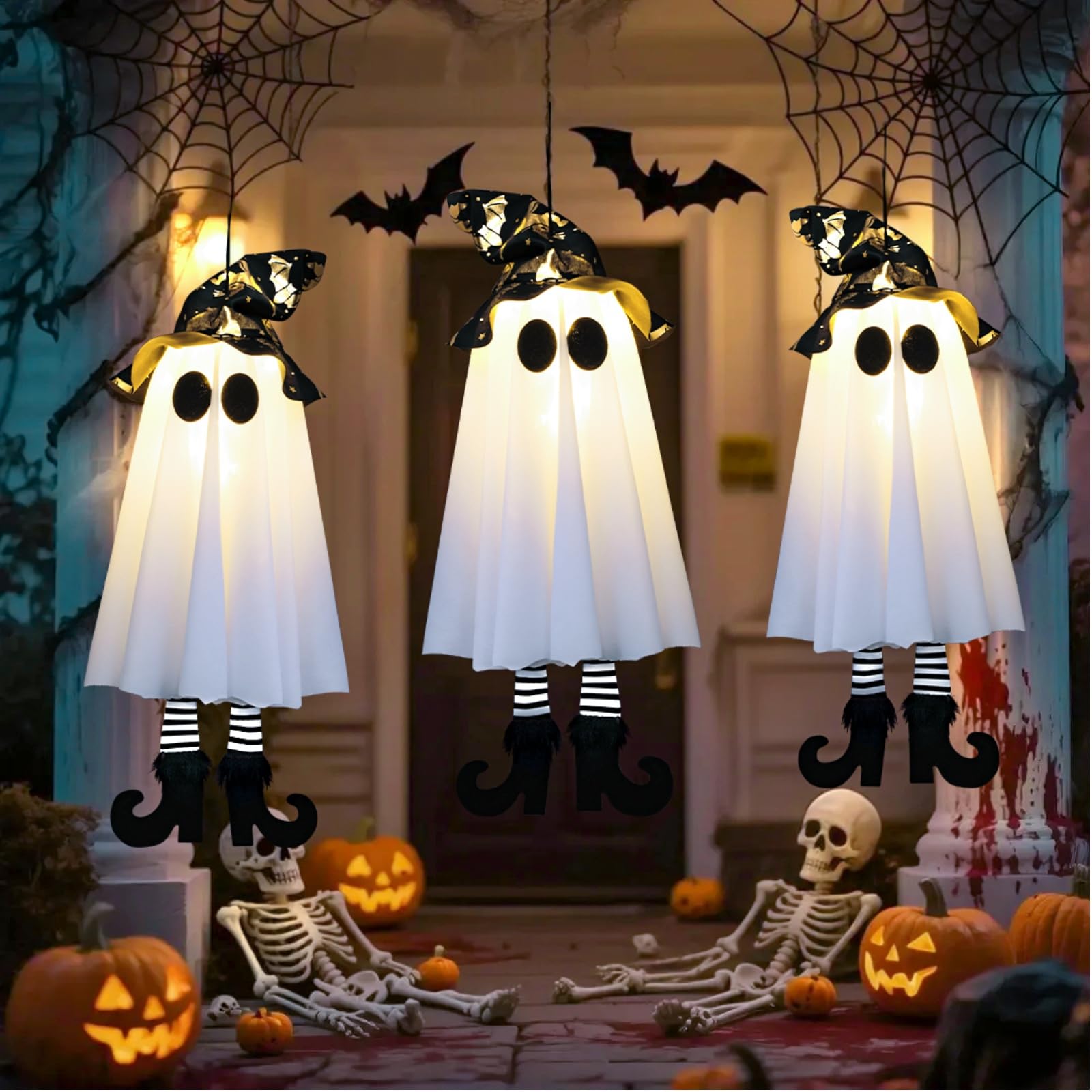 Halloween-Dekoration für den Außenbereich, leuchtender Hexenhut, Geist mit hohen Absätzen, 48,3 cm, LED-Gruselgeister-Dekor für Zimmer, Vorgarten, Terrasse, Garten, Baum, draußen und Party, 3