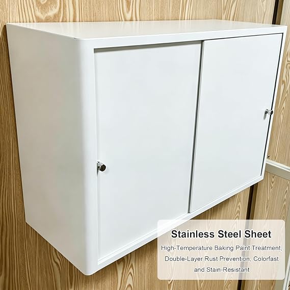 Stainless Steel Storage Cabinet, White Sliding Door Wall Cabinet with Removable Shelf for Kitchen Bathroom Laundry Room(60x40x14cm/24x16x5.5in)