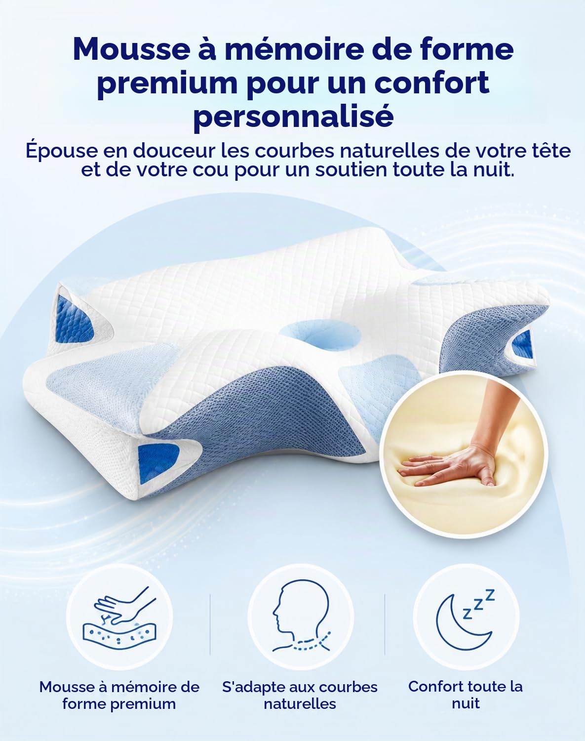 Cervi-Zen Oreiller Ergonomique Mousse Mémoire Conçu pour Soutien Cou Dorsal et Latéral，Grey