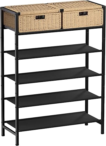 Zapatero, organizador de almacenamiento de zapatos de 5 niveles con 2 cajones tejidos a mano, estante de zapatos de metal para 16-20 pares de