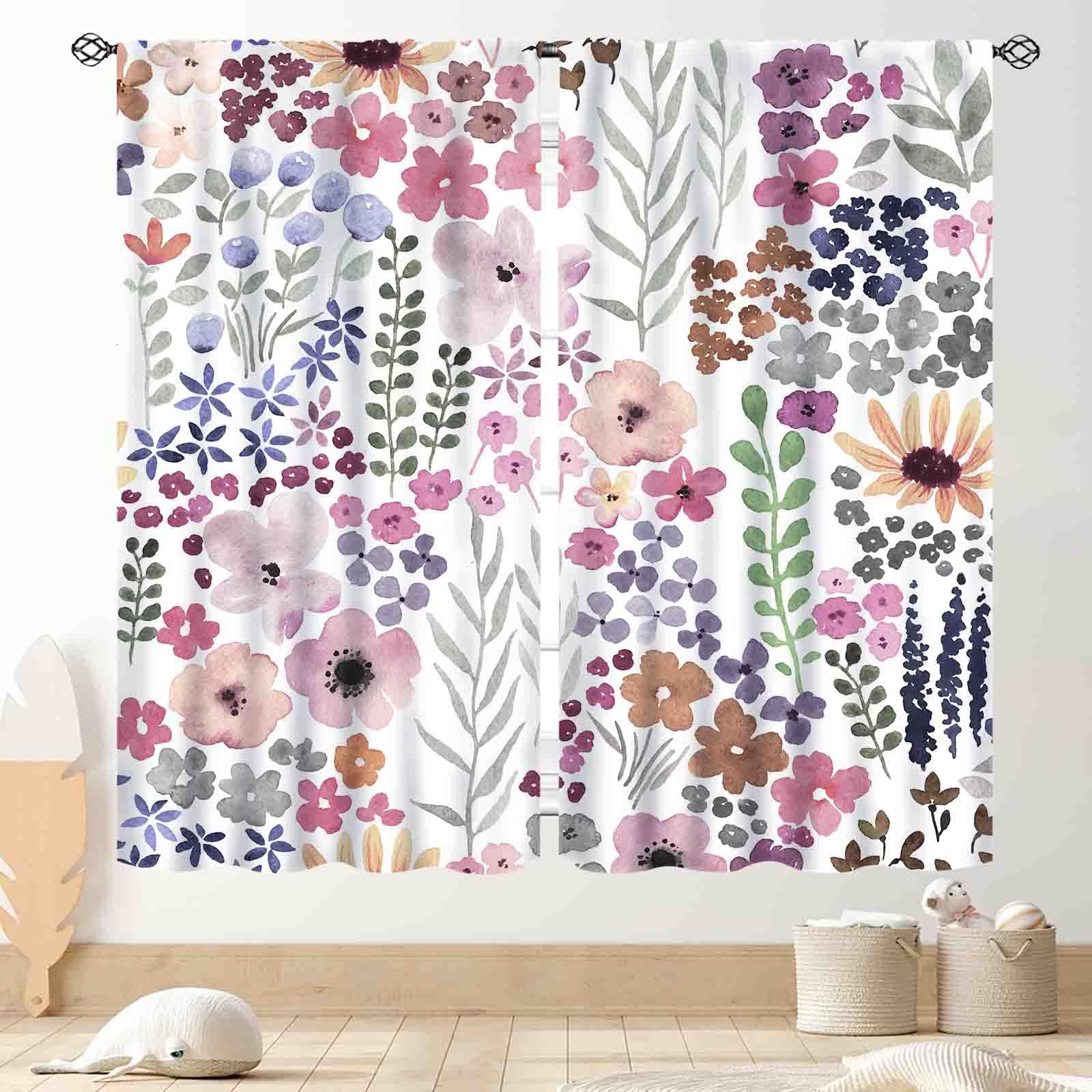 Floral Curtains, Farmhouse Watercolor Wildflower Spring Pink Flower Plant Botanical Aesthetic Country Rustic Colorful Window Curtains for Living Room