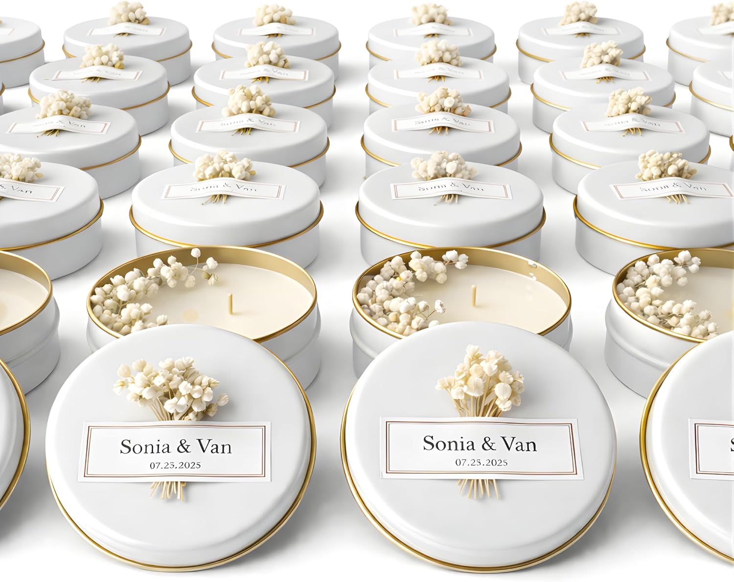 Personalized Scented Soy Wax Candle Favors with Dried Flowers, White Tin Guest Gifts for Weddings, Bridal & Baby Showers, Bulk Sets (10–200 Count)
